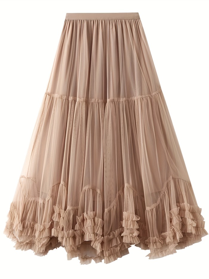 Elegant High-Waist Slimming Mesh Skirt - Loose Fit A-Line with Layered Ruffles, Machine Washable - Perfect for All Seasons