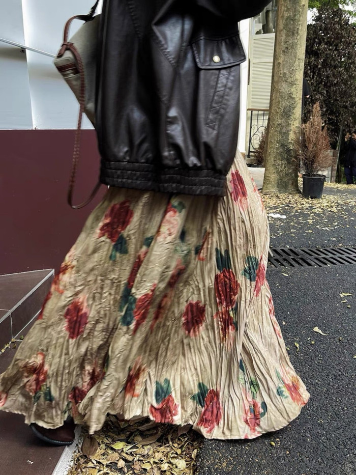 Elegant Vintage Rose Print Maxi Skirt for Women - Boho Chic, High Waist, Flowy Swing Design with Ruffled Hem, Lightweight Polyester, Perfect for Spring\u002FSummer