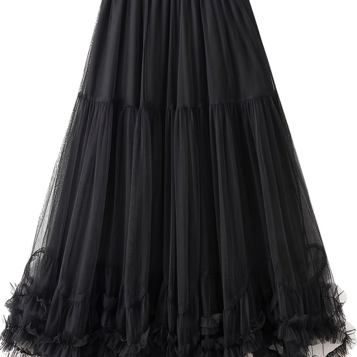Elegant High-Waist Slimming Mesh Skirt - Loose Fit A-Line with Layered Ruffles, Machine Washable - Perfect for All Seasons
