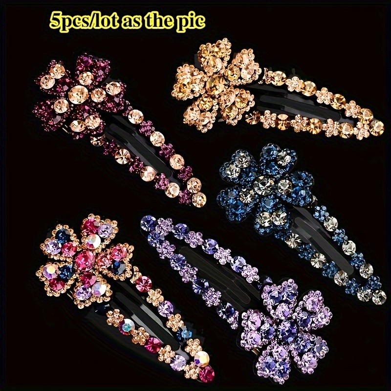 Vintage Cute Flower-Shaped Hair Clips Set with Rhinestones - Resin Material, Fancy Floral Hair Accessory with Sparkling Stones, Trendy Hairpins for Women and Girls 14+, Color Matching, Multi-Pack