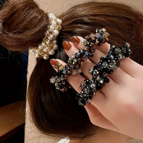 1\u002F3pcs Korean Internet Celebrity Temperament Head Rope Pearl Crystal Hair Ring, Women's Simple And Versatile Ponytail Leather Band Ball Hair Ring