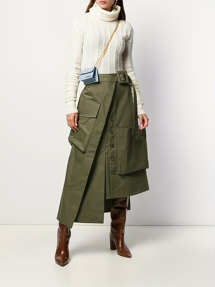 Effortless Style, Elegant Long Midi Skirt with Belt - Solid Color, High Waist, Machine Washable - Perfect for All Seasons