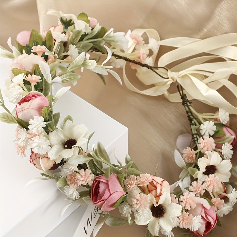 1pc Enchanting Womens Floral Headband - Romantic Boho Artificial Wreath with Delicate Ribbon - Perfect Bridal Flower Crown for Wedding & Party Glam