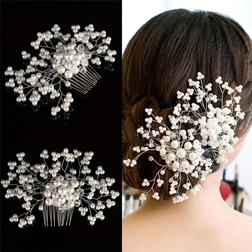 Faux Pearl Crystal Hair Comb Silvery Insert Comb Bridal Wedding Hair Accessories Jewelry