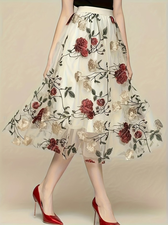 Plus Size Elegant Floral Embroidery Straight Skirt - Semi-Sheer, Non-Stretch, Customized, Machine Washable, Perfect for Spring, Summer, and Fall - Womens Plus Size Clothing for a Chic Look
