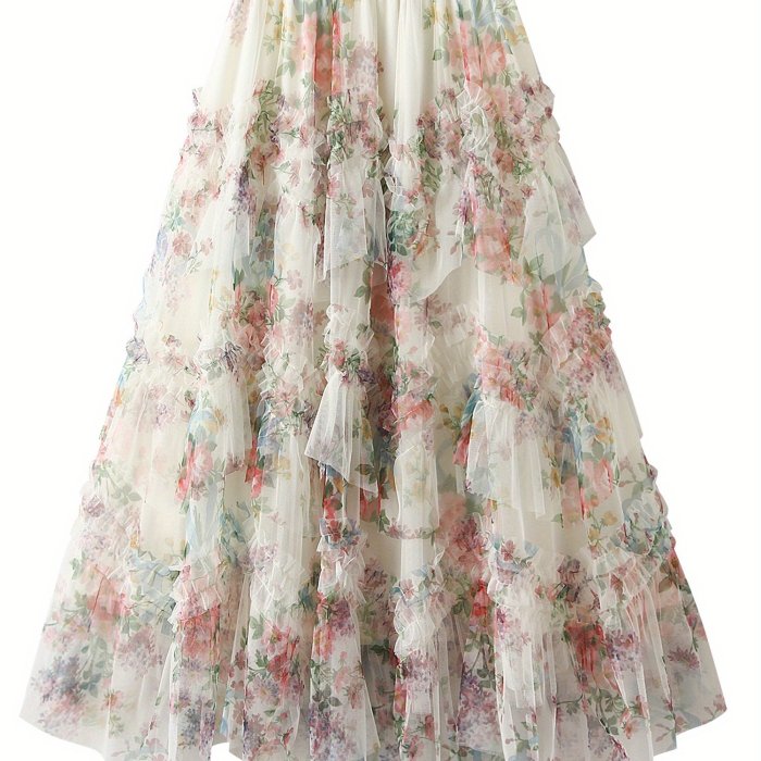 Women'S Summer Floral Skirt Irregular Flowy A-line Midi Skirt for Travel, Beach, Shopping