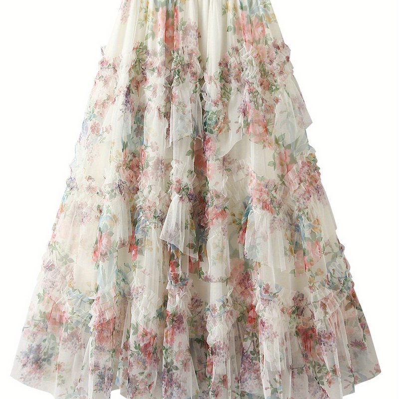 Women'S Summer Floral Skirt Irregular Flowy A-line Midi Skirt for Travel, Beach, Shopping