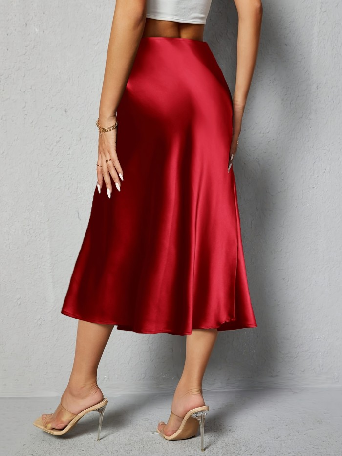 Elegant High-Waist Satin Skirt - Solid Color, Machine Washable, Perfect for Spring\u002FSummer\u002FFall, Half-length