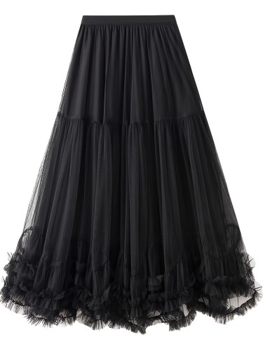Elegant High-Waist Slimming Mesh Skirt - Loose Fit A-Line with Layered Ruffles, Machine Washable - Perfect for All Seasons