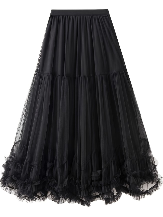 Elegant High-Waist Slimming Mesh Skirt - Loose Fit A-Line with Layered Ruffles, Machine Washable - Perfect for All Seasons