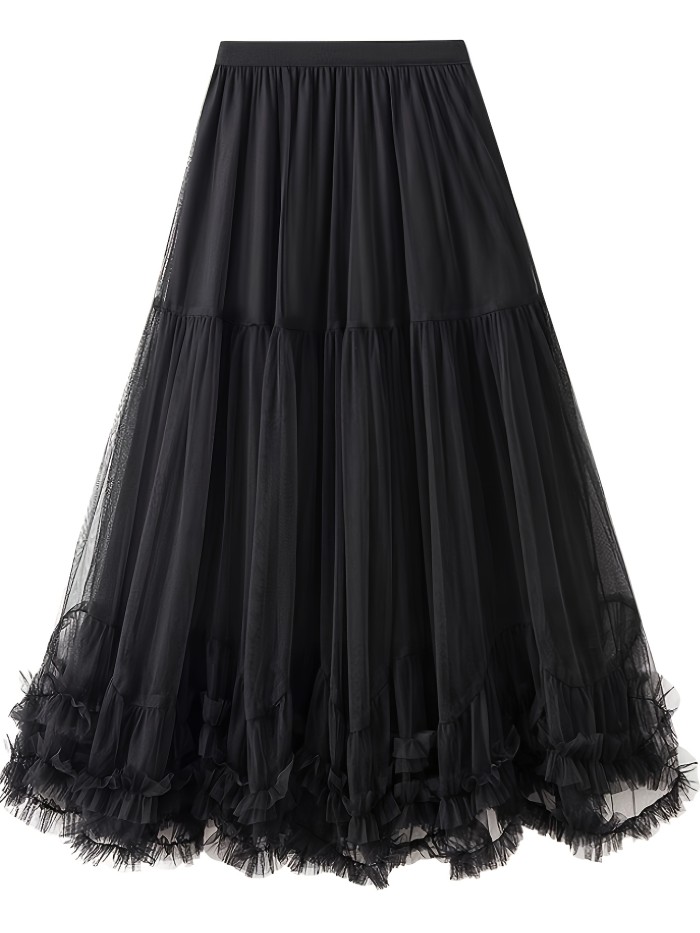 Elegant High-Waist Slimming Mesh Skirt - Loose Fit A-Line with Layered Ruffles, Machine Washable - Perfect for All Seasons