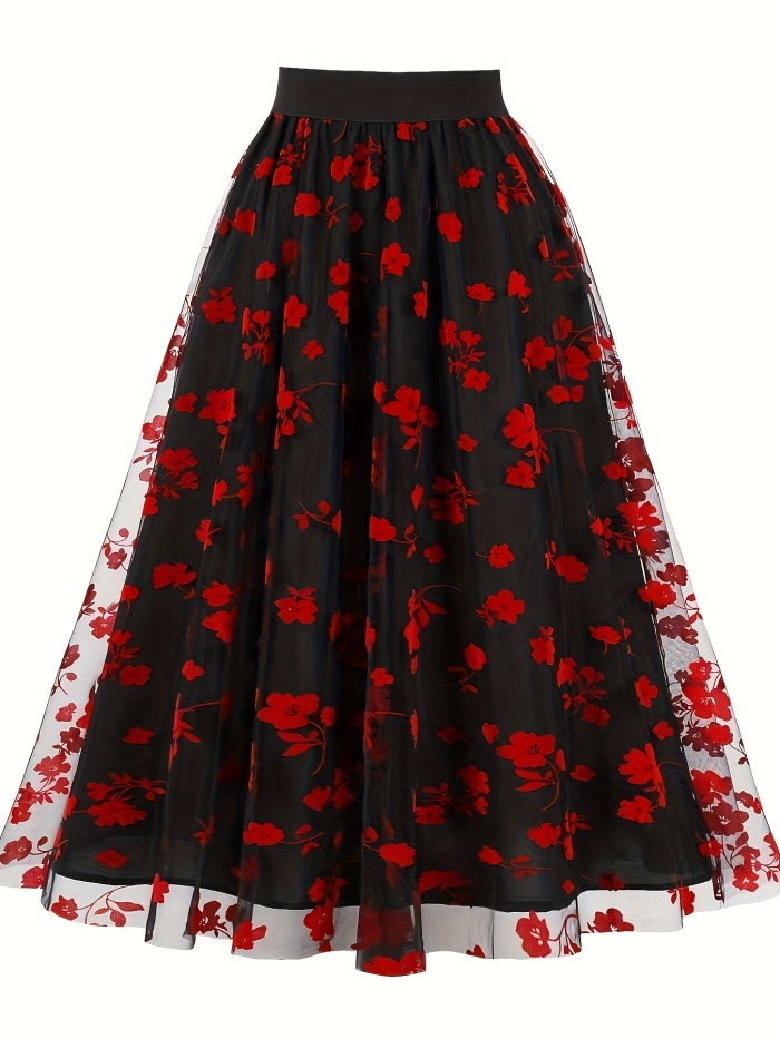 Elegant High-Waist Floral Mesh Overlay Skirt for Women - Black with Red Flowers, A-Line Silhouette, Lightweight & Flowy, Machine Washable, Perfect for All Seasons