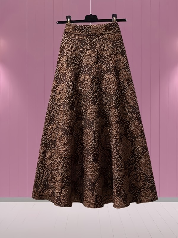 Elegant Beige High-Waist Pencil Skirt for Women - Chic Mid-Length with Floral Jacquard Design, A-Line Silhouette, Polyester, Machine Washable
