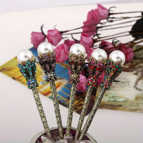 Elegant Rhinestone & Faux Pearl Hairpin - Alloy, Featherless, Perfect for Dress-Up Accessories