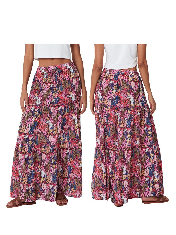 Women'S Bohemian Skirts Vintage Elastic High Waist A-Line Skirts Tiered Long Skirts with Pockets