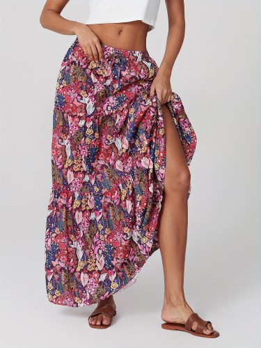 Women'S Bohemian Skirts Vintage Elastic High Waist A-Line Skirts Tiered Long Skirts with Pockets