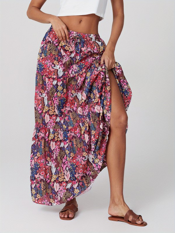 Women'S Bohemian Skirts Vintage Elastic High Waist A-Line Skirts Tiered Long Skirts with Pockets