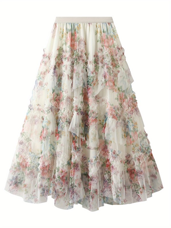Women'S Summer Floral Skirt Irregular Flowy A-line Midi Skirt for Travel, Beach, Shopping