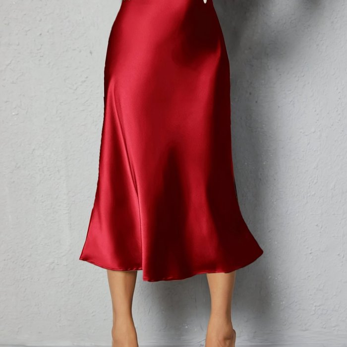 Elegant High-Waist Satin Skirt - Solid Color, Machine Washable, Perfect for Spring\u002FSummer\u002FFall, Half-length