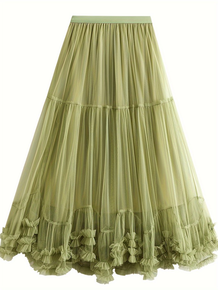 Elegant High-Waist Slimming Mesh Skirt - Loose Fit A-Line with Layered Ruffles, Machine Washable - Perfect for All Seasons