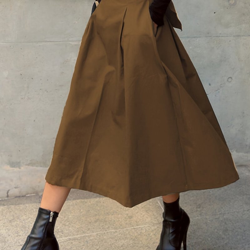 Elegant High-Waisted A-Line Skirt with Tie Back and Bow Detail, 100% Polyester Solid Color Long Length Fashion Skirt for Spring\u002FSummer\u002FFall, Spring Fashion Skirt|Minimalist Long Skirt|Glossy Polyester