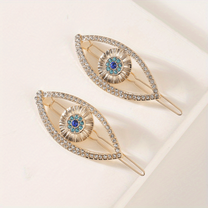 2pcs Evil Eye Design Hair Clip Rhinestone Decor Hair Pin Bohemia Style Headwear Hair Styling Accessories