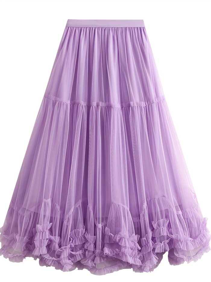 Elegant High-Waist Slimming Mesh Skirt - Loose Fit A-Line with Layered Ruffles, Machine Washable - Perfect for All Seasons