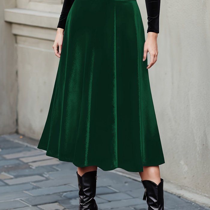 Plus Size Velvet Swing Midi Skirt - Elegant High Waist Skirt for Spring & Summer - Flowy, Comfortable, and Chic Women's Plus Size Clothing for Curvy Figures