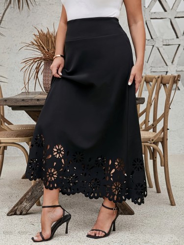 Elegant Plus Size Solid Color Mid Calf Skirt - Women's Plus Size Skirts with Hollow Out Design for Spring & Summer - Stylish, Comfortable, and Flowy