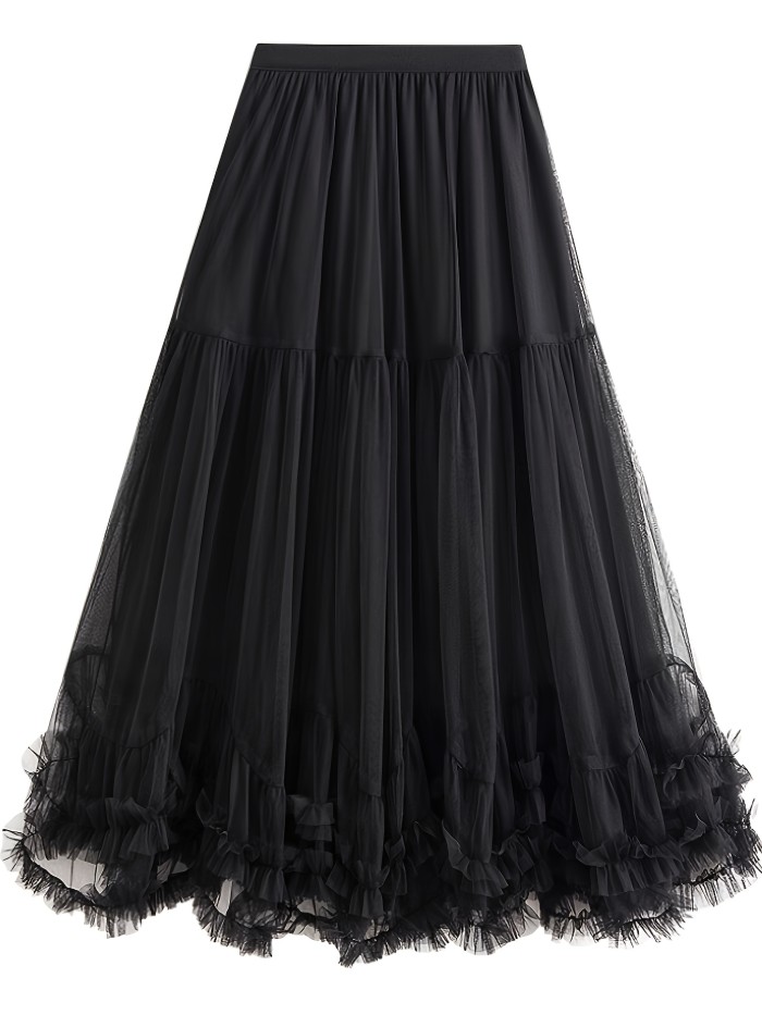 Elegant High-Waist Slimming Mesh Skirt - Loose Fit A-Line with Layered Ruffles, Machine Washable - Perfect for All Seasons