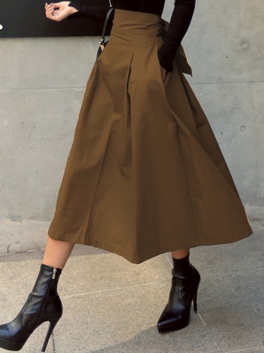 Elegant High-Waisted A-Line Skirt with Tie Back and Bow Detail, 100% Polyester Solid Color Long Length Fashion Skirt for Spring\u002FSummer\u002FFall, Spring Fashion Skirt|Minimalist Long Skirt|Glossy Polyester