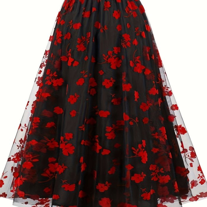 Elegant High-Waist Floral Mesh Overlay Skirt for Women - Black with Red Flowers, A-Line Silhouette, Lightweight & Flowy, Machine Washable, Perfect for All Seasons