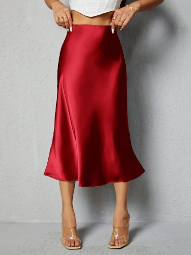 Elegant High-Waist Satin Skirt - Solid Color, Machine Washable, Perfect for Spring\u002FSummer\u002FFall, Half-length