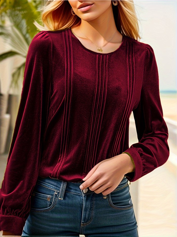 Elegant Women's Green Velvet Long Sleeve Blouse - Chic Crew Neck, Ribbed Detail, Machine Washable, Polyester & Spandex Blend, Versatile All-Season Top