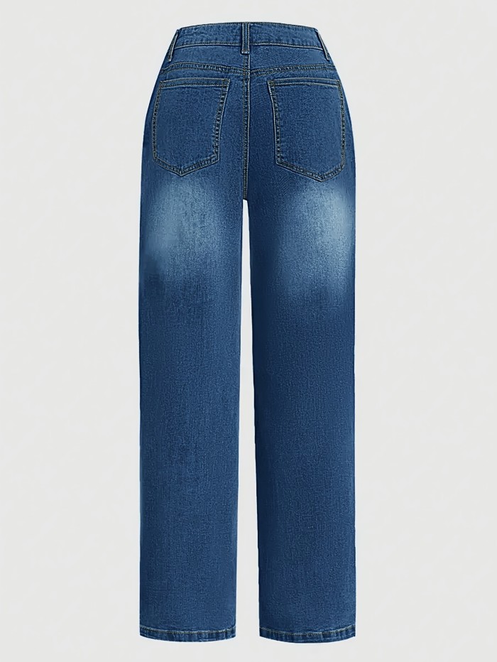 Ladies' Casual Loose Denim Wide Leg Pants, With A Built-in Zipper At The Mid Waist And Durable Practical Pockets For Comfortable Daily Wear