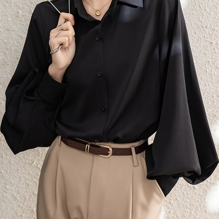 A Stylish Black Shirt For Women, Suitable For Professional And Formal Occasions, Featuring Lantern Sleeves And A Tailored Design For Commuting, New Arrival For Early Spring 2025.