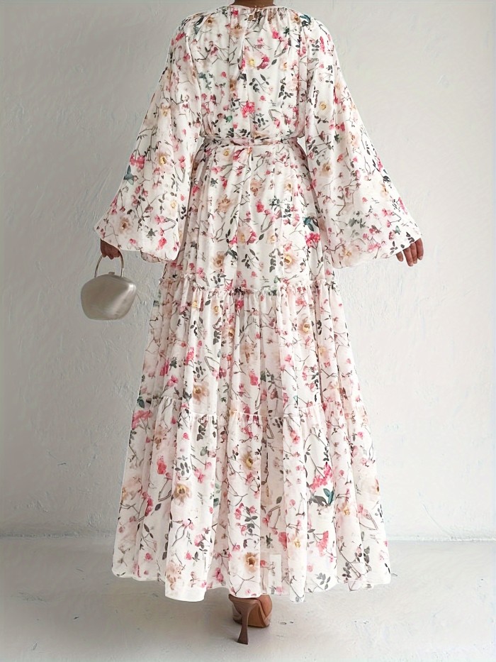 Women's Floral Maxi Kaftan Dress - Elegant Long Sleeve Design, Comfortable Crew Neck, Perfect for Casual and Formal Occasions