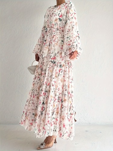 Women's Floral Maxi Kaftan Dress - Elegant Long Sleeve Design, Comfortable Crew Neck, Perfect for Casual and Formal Occasions