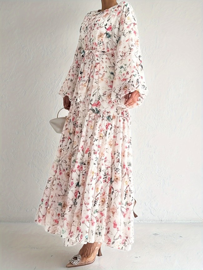 Women's Floral Maxi Kaftan Dress - Elegant Long Sleeve Design, Comfortable Crew Neck, Perfect for Casual and Formal Occasions