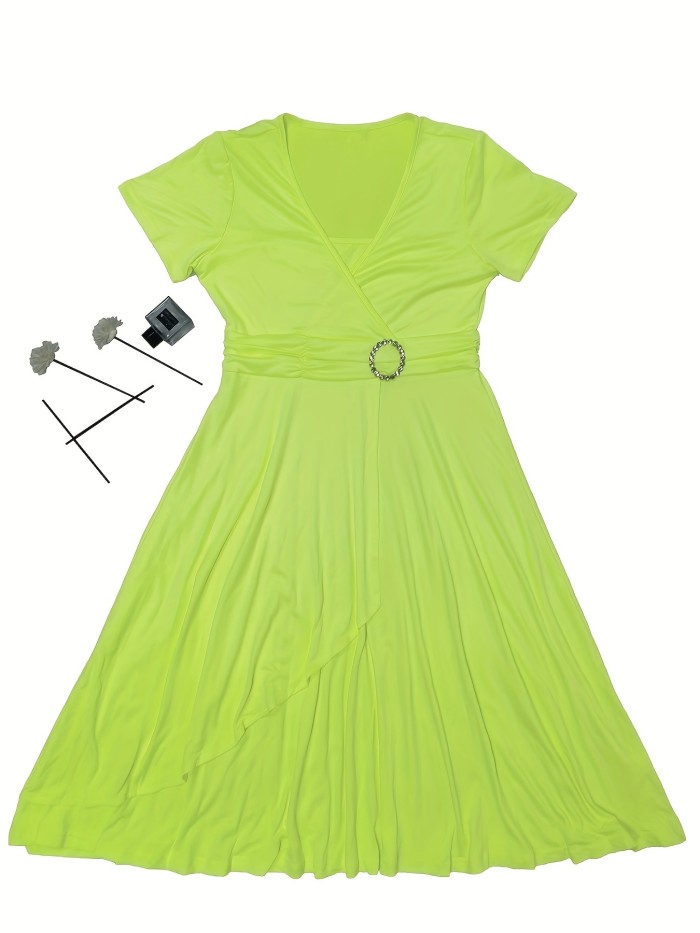 Elegant Long Length V-Neck Asymmetrical Hem Fitted Dress - Tie Waist, Skinny Rhinestoned, Short Sleeve, Polyester, Solid Color, Mid Elasticity - Perfect for Wedding, Occasion, Engagement, Ceremony, Evening Party, Vacation