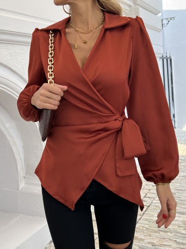 Women'S V-Neck Satin Blazer with Belt, Long Sleeve Polyester Shirt, Asymmetrical Hem, Regular Fit, Solid Color, Spring\u002FFall Season, Mature Occasion, Woven Fabric