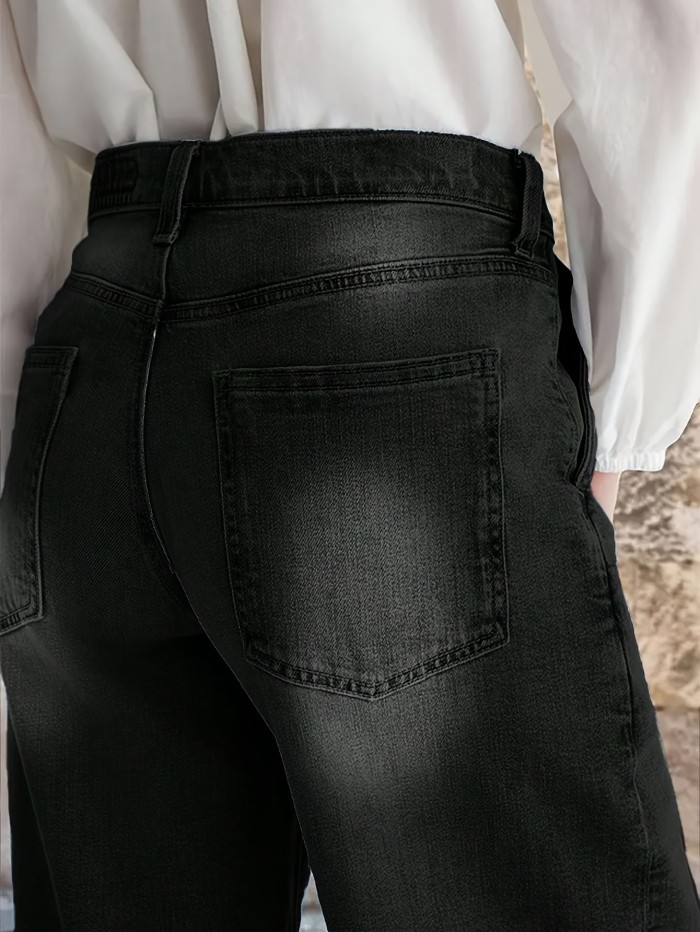 Ladies' Casual Loose Denim Wide Leg Pants, With A Built-in Zipper At The Mid Waist And Durable Practical Pockets For Comfortable Daily Wear