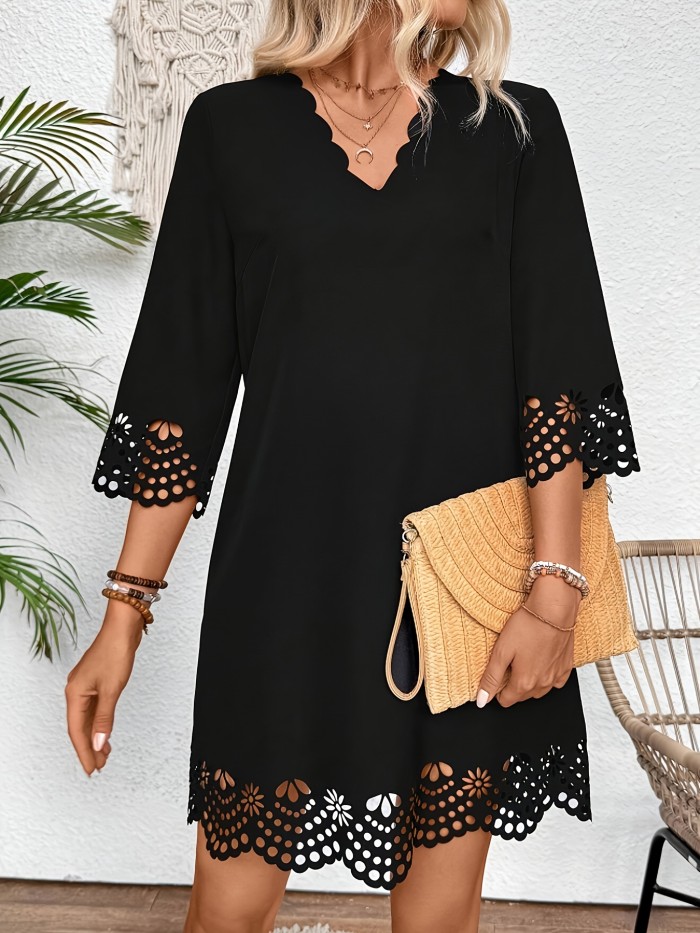 Women'S Elegant A-Line Hollow Out Knee-Length Dress, Polyester 100%, V-Neck, Three Quarter Sleeves, Loose Fit, Solid Color, Spring\u002FSummer\u002FFall Fashion