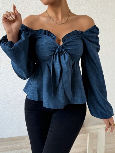 Women's High-Quality Ruffled Collar Tie-Waist Long Sleeve Blue Shirt Top - Elegant Polyester Fabric, Solid Color, Low Neck - For Spring\u002FAutumn Season - Adult Size - Woven Knit - Perfect for Work & Casual Occasions