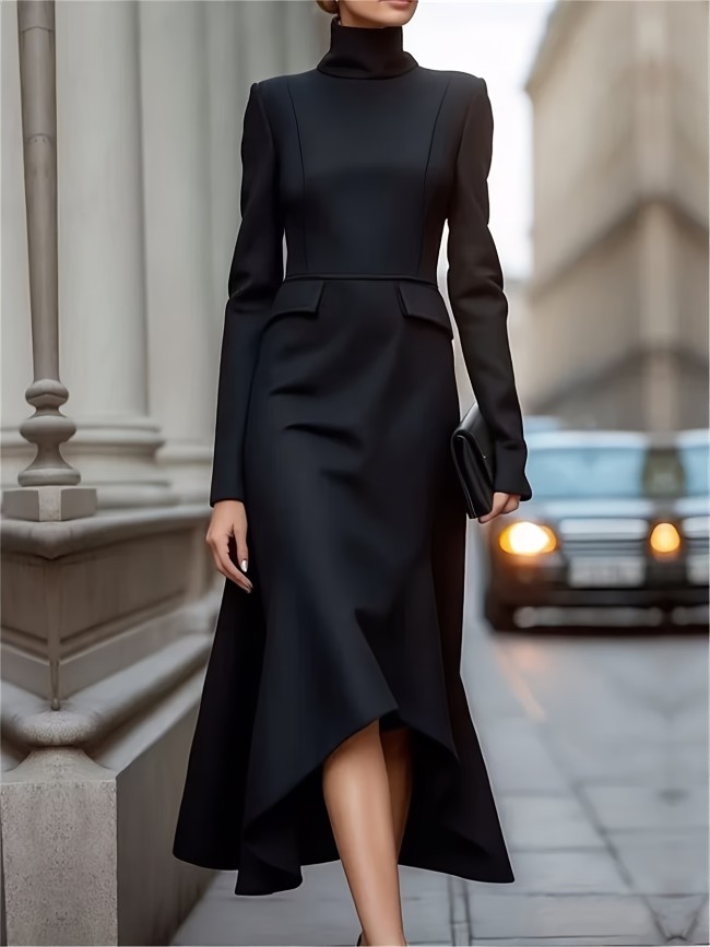 Elegant High Neck Long Sleeve Midi Dress for Women, 100% Polyester Knit Fabric, Solid Color, Fitted All-Season Style