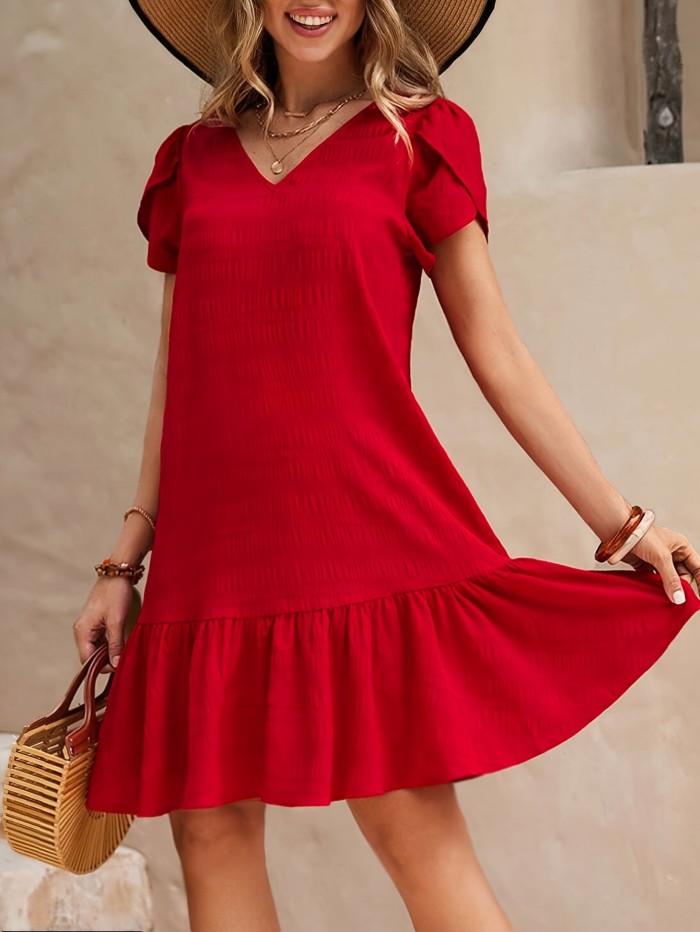 Chic Ruffle Hem V Neck Loose Fit Dress - Women's Casual Short Sleeve Dresses for Spring & Summer - Breathable, Comfortable, and Flattering Clothing for Ladies