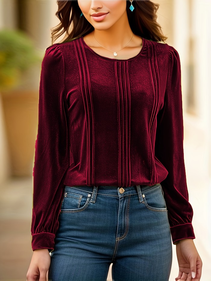 Elegant Women's Green Velvet Long Sleeve Blouse - Chic Crew Neck, Ribbed Detail, Machine Washable, Polyester & Spandex Blend, Versatile All-Season Top