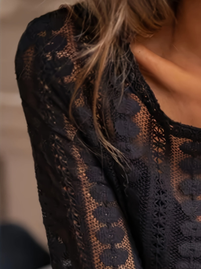 1pc Elegant Lace Long Sleeve Women'S Shirt - 100% Polyester Knit Fabric, Solid Color, Crew Neck, Loose Fit, Versatile Spring\u002FFall Top