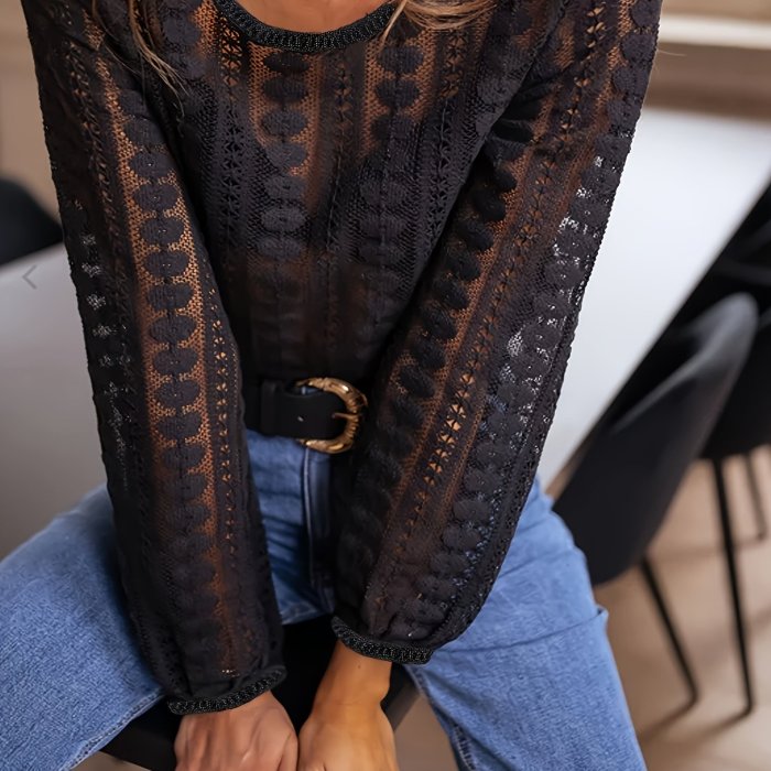 1pc Elegant Lace Long Sleeve Women'S Shirt - 100% Polyester Knit Fabric, Solid Color, Crew Neck, Loose Fit, Versatile Spring\u002FFall Top