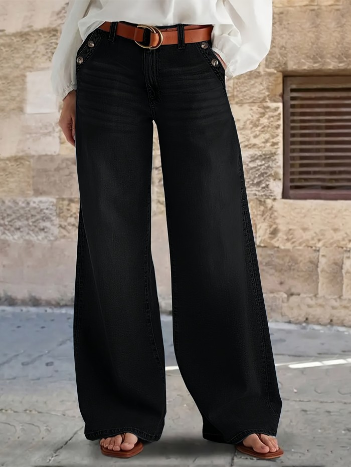 Ladies' Casual Loose Denim Wide Leg Pants, With A Built-in Zipper At The Mid Waist And Durable Practical Pockets For Comfortable Daily Wear